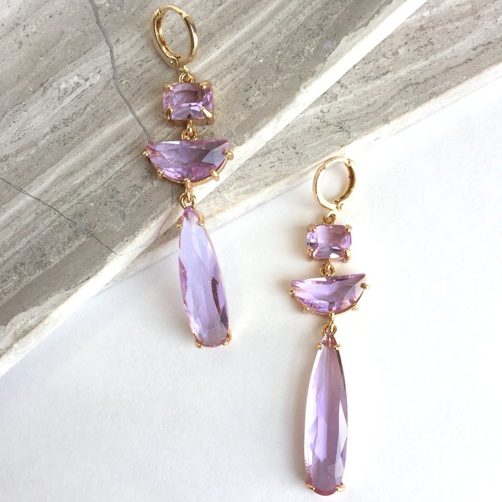 Long Purple Amethyst Glass Stone Gold Earrings